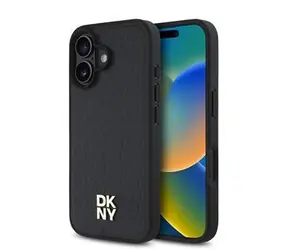 DKNY PU-Leder Repeat Pattern Stack Logo MagSafe Back Cover für iPhone 16 PLUS Schwarz