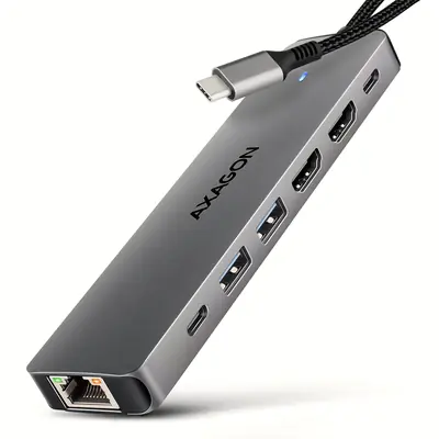 Axagon HMC-7HX2, USB 5Gbps Hub, 2x USB-A, USB-C, 2x HDMI 4k/60Hz, RJ-45 GLAN, PD 100W, USB-C Kabel 15cm
