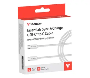 Verbatim Essentials Sync & Charge weiß / Kabel USB-C / USB-C auf USB-C / 100 W / 3 m