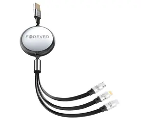 Forever 3-in-1 Einziehbares Kabel Schwarz / Ladekabel / USB-A + 2× USB-C + Lightning / 1,2 m / 100 W