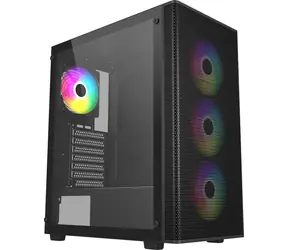 Fortron FSP M220 schwarzes ATX-Gehäuse mit transparentem Seitenteil, 4X ARGB 120mm-Linsen, ohne Netzteil, 1x USB 3.0