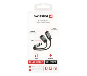 Swissten Textil schwarz / Lade-Audio-Adapter / USB-C (M) auf 2x USB-C (F) / 0,12 m
