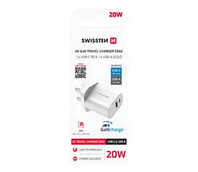 Swissten EDGE GaN USB-C/USB-A weiß / Netzteil / UK-Stecker / 20 W PD / 18 W QC