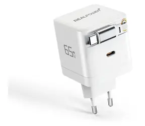 RealPower GaN 65W weiß / Netzteil / 2x USB-C / integriertes Kabel / PD