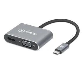 Manhattan USB-C 4-in-1-Adapter, grau / HDMI 4K + VGA / USB-A 3.2 / 87 W Stromversorgung