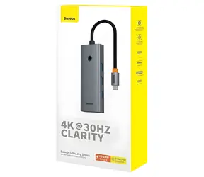 Baseus UltraJoy 5- Port -Hub (USB-C, HDMI 4K@30Hz, 3× USB 3.0, PD, Grau)