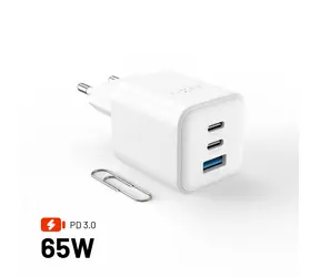 Mini-GaN FIXED mit 2x USB-C- und USB-Ausgang, PD-Unterstützung bis 65 W, weiß