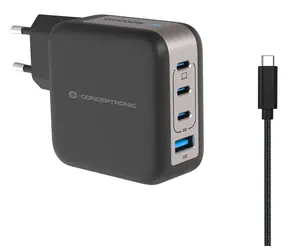 Conceptronic ALTHEA18B USB-Ladeadapter, schwarz / 1x USB-A 3.2 Gen2 / 3x USB-C / 100 W / GaN / PD