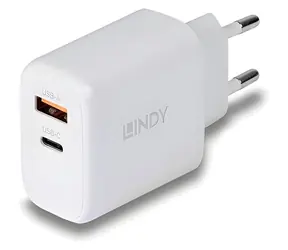 Lindy GaN-Ladegerät 65W weiß / Netzladegerät / 1x USB-C / 1x USB-A / PD 3.0 / PPS