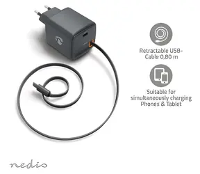 Nedis GaN 65W schwarz / Netzteil / USB-C PD 3.0 / einziehbares Kabel 0,75 m