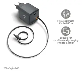 Nedis GaN 30W schwarz / Netzladegerät / USB-C PD3.0 mit einziehbarem Kabel / 0,75 m