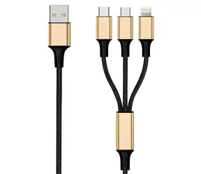 2GO 3-in-1-Kabel, schwarz/gold, Ladekabel (USB-A auf USB-C, Micro-USB, Lightning), 1,5 m, 3 A