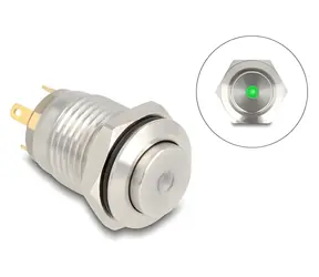 DeLock 12 mm grüne LED / Druckknopf / 4X Lötkontakte / 230 V, 3 A / IP65