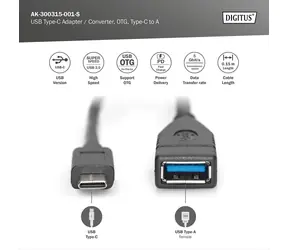 Digitus USB-C-auf-USB-A-Kabel, schwarz / Datenkabel / USB 3.0 / 1 m / 3 A / 5 Gbit/s