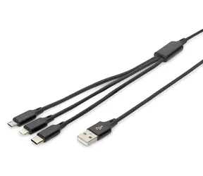 Digitus USB-A 3-in-1-Ladekabel, schwarz / Lightning, Micro-USB, USB-C / 1 m / Baumwollgeflecht