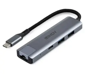 Lindy USB-C-Hub mit LAN-Anschluss, grau / Hub / USB 3.2 Gen 2 / 2x USB-A / RJ45