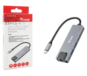 Equip mit einem grauen USB-C-Multiport-Adapter / USB-C-Adapter / RJ-45 2,5 Gbit/s / 2x USB-A 3.2 / USB-C PD 100 W / 0,25 m