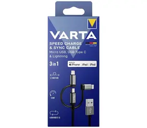 Varta 3-in-1-Ladekabel, schwarz / Ladekabel / USB-A auf USB-C, Micro-USB, Lightning / 2 m