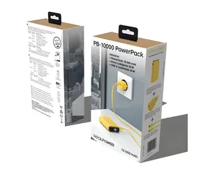 RealPower PB-10000 Set gelb / Powerbank 10000 mAh / LED-Anzeige / USB-C PD / 22,5 W / inkl. Ladegerät und Kabel