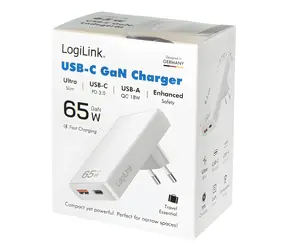 LogiLink weiß / Ladeadapter / 1x USB-A / 1x USB-C / GaN / 65 W