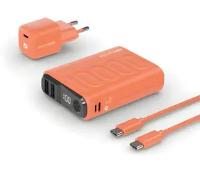 RealPower PB-10000 Set orange / Powerbank 10000 mAh / LED-Anzeige / USB-C PD / 22,5 W / inkl. Ladegerät und Kabel