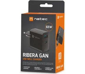 Natec Ribera GaN schwarz / Ladegerät / GaN / 65 W / 1x USB-A / 1x USB-C