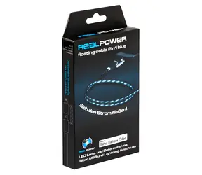 RealPower USB-Kabel 2-in-1 mit blauer LED-Beleuchtung / Daten- und Ladekabel / USB-A - Micro-USB & Lightning / 0,75 m
