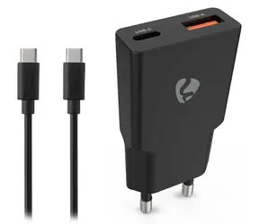 Nedis GaN 20W Netzteil, schwarz / USB-C, USB-A / PD 3.0 / + 1,5 m USB-C-Kabel