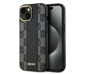 DKNY Lederhülle mit Karomuster, schwarz, MagSafe / Lederhülle / iPhone 15 PLUS und 14 PLUS