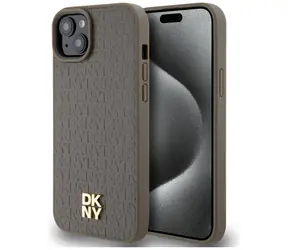 DKNY PU-Leder mit gemustertem Logo , braun / Rückseite / Apple iPhone 15 PLUS, 14 PLUS / Magnetisch