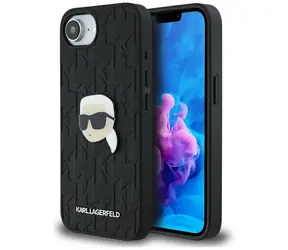 Karl Lagerfeld Monogramm Karl Kopf Anstecknadel iPhone 16e schwarz / Rückseite / Metallstift