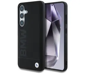 BMW Leder-Schutzhülle mit Big Schriftzug für Samsung Galaxy S25+, schwarz / Rückseite / Leder / Großes Logo