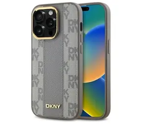 DKNY Leder-Rückseite mit Karomuster, beige, MagSafe / Rückseite / Apple iPhone 14 Pro / MagSafe