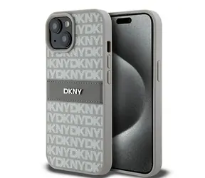 DKNY Leder Mono Stripe Beige / Rückseite / iPhone 15 PLUS, iPhone 14 PLUS / Logo