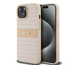 DKNY Lederhülle mit Streifenmuster für iPhone 15 PLUS und 14 PLUS , pink / Rückseite / Logo