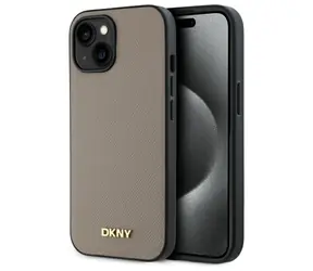 DKNY Rückseite mit genarbtem Metalllogo und MagSafe- Logo , beige / Rückseite / MagSafe / für Apple iPhone 15