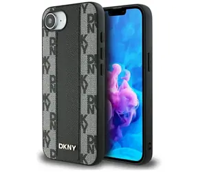 DKNY Leder-Schutzhülle mit Karomuster, Schwarz, MagSafe-Design, Rückseite für iPhone 16e