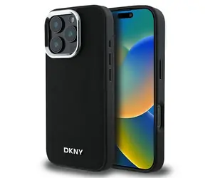 DKNY MagSafe-Schutzhülle mit schlichtem silbernen Logo , schwarz / Rückseite / iPhone 16 Pro