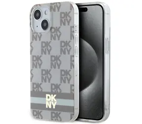 DKNY IML Cover mit Karomuster, beige / MagSafe Rückseite / iPhone 15, 14, 13 / Bedruckte Streifen