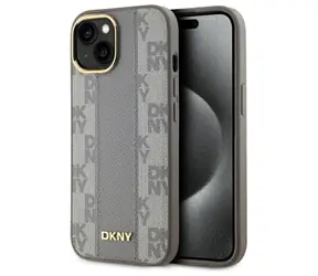 DKNY Leder-Rückseite mit Karomuster, beige / Rückseite / Apple iPhone 15 PLUS / MagSafe / Leder
