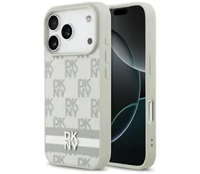 DKNY PU-Leder, kariert und gestreift, beige / Rückseite / Apple iPhone 17 Pro / kariert mit Streifen