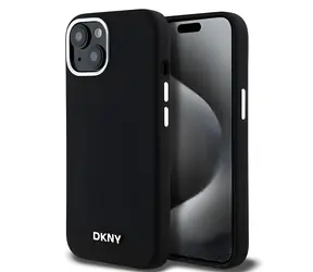 DKNY Flüssigsilikon-Schutzhülle mit kleinem Logo , schwarz / Rückseite / Apple iPhone 15 PLUS, 14 PLUS / MagSafe