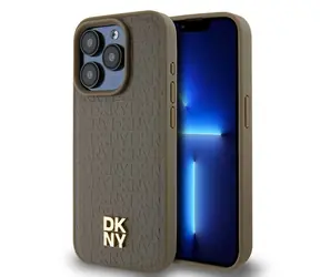 DKNY Leder-Monogramm-Muster, Logo , braun / MagSafe-Rückseite / Apple iPhone 15 Pro