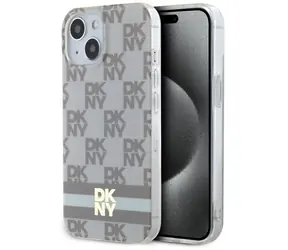DKNY IML Cover mit Karomuster und Streifenmuster, beige / Rückseite / für iPhone 15, 14 und 13