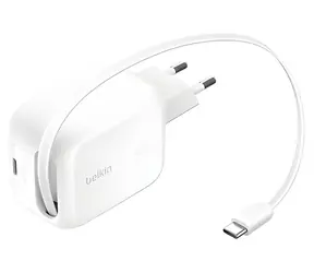 Belkin BOOST CHARGE PRO WCH023kqWH weiß / Ladegerät / 2x USB-C / 45W / GaN / mit einziehbarem Kabel