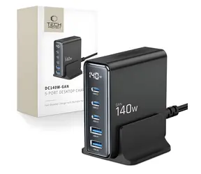 Tech-Protect DC140W-GAN schwarz / Ladestation / GaN / 5 Anschlüsse / PD 140W / QC 3.0