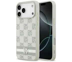 DKNY-Rückseite mit Karomuster und Streifen, beige / Apple iPhone 17 Pro Max / PU-Leder