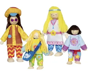 GOKI Puppen Hippie-Familie, 4-teilig / Holz / 9-11 cm