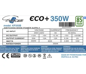 Eurocase Eco+ 350W Netzteil / 85+ / ATX 20/24-Pin / 4X SATA / 120-mm-Lüfter