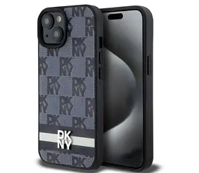 DKNY Leder-Rückseite mit Karomuster und Streifenprint für Apple iPhone 15 PLUS / 14 PLUS , schwarz